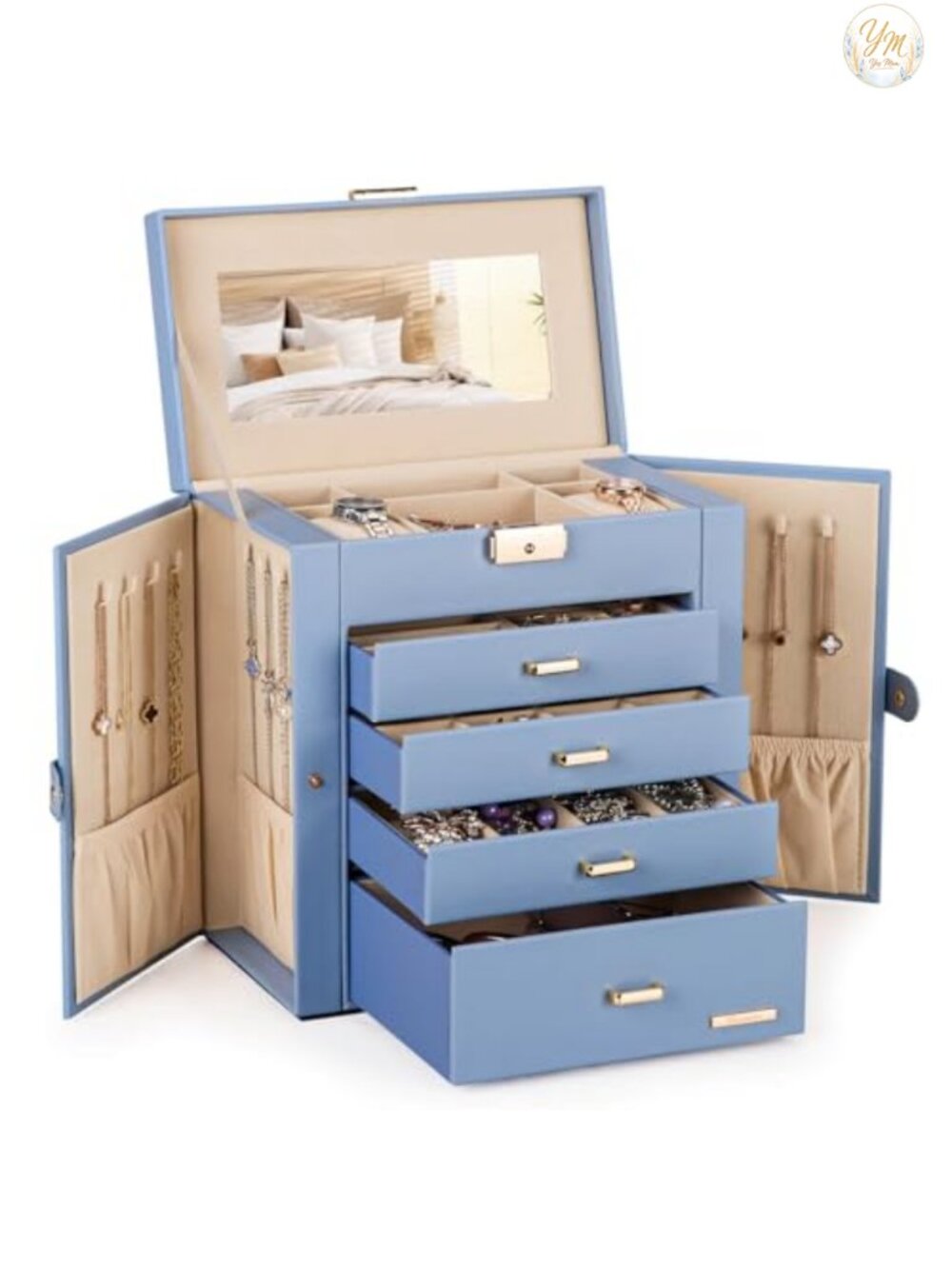 5-Layer Jewelry Box Faux Leather Lock Organizer Watch Case